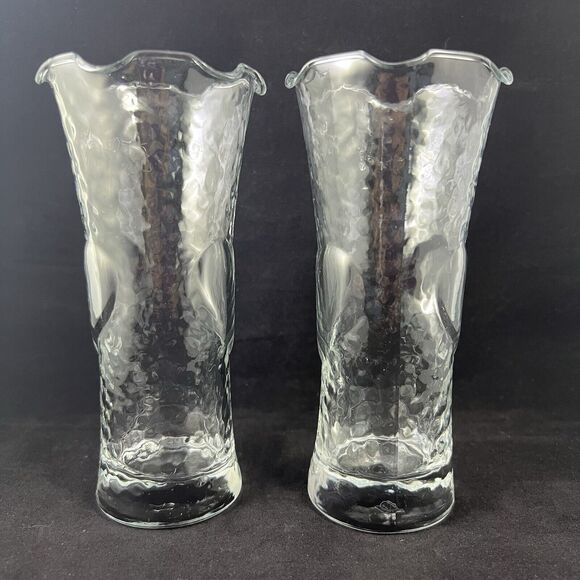 Set Of 2 Vintage Anchor Hocking Dimpled Heart Scalloped Edge Clear Glass Vase - Picture 6 of 13
